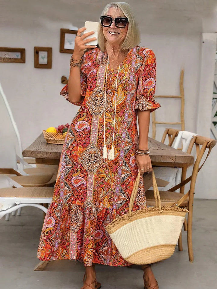Carolette - Boho Drawstring Neck Maxi Dress