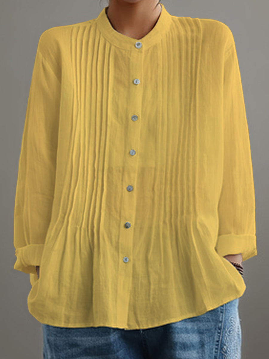 Cathy - Casual Cotton And Linen Pleated Shirt