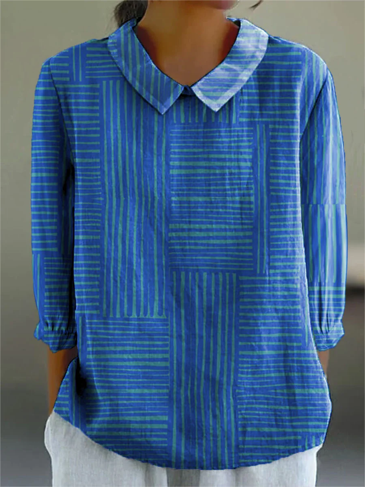 Shiela - Women's Blue Stripes Art Print Casual Cotton And Linen 3/4 Sleeve Shirt