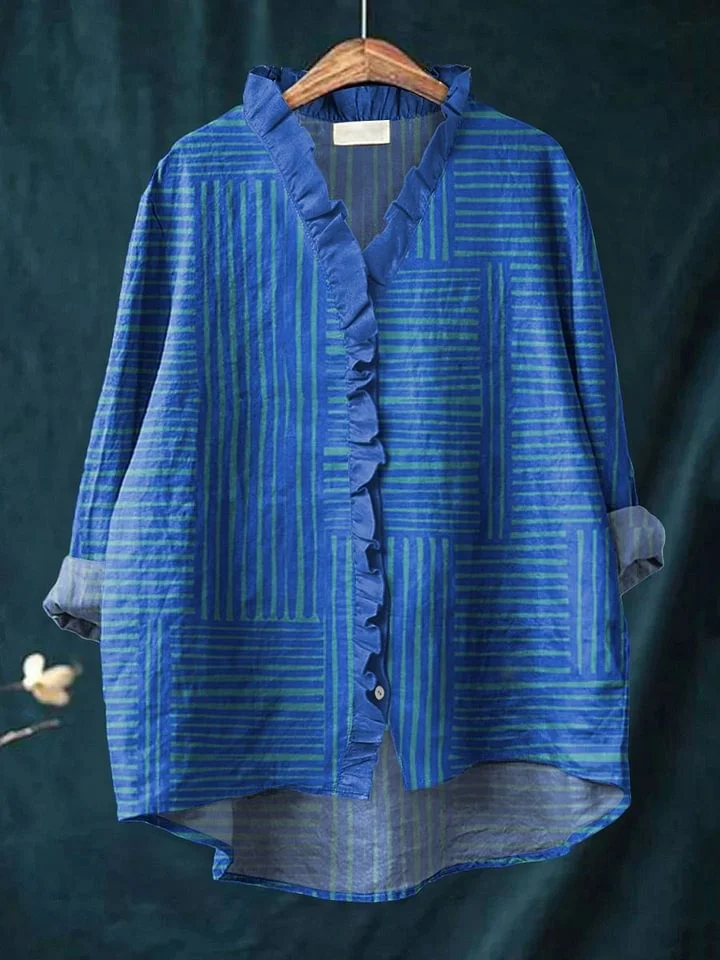 Shiela - Women's Blue Stripes Art Print Casual Cotton And Linen 3/4 Sleeve Shirt
