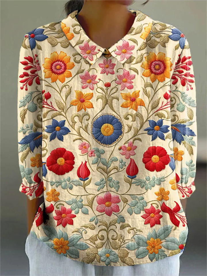 Celine - Women's Vintage Flower Art Print Casual Cotton And Linen 3/4 Sleeve Shirt