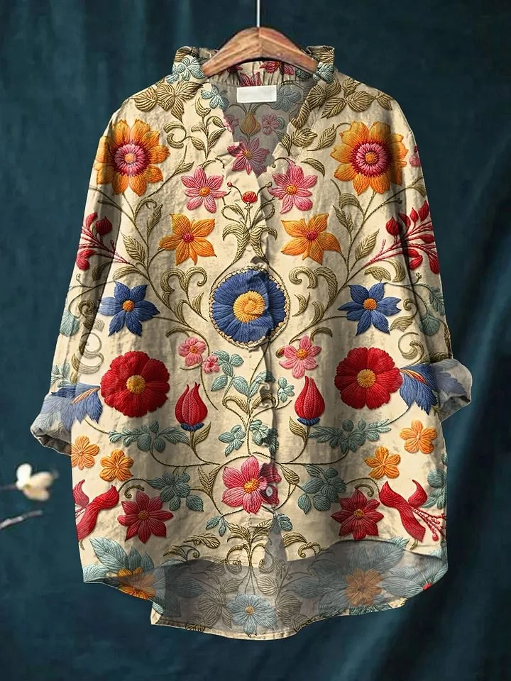 Celine - Women's Vintage Flower Art Print Casual Cotton And Linen 3/4 Sleeve Shirt