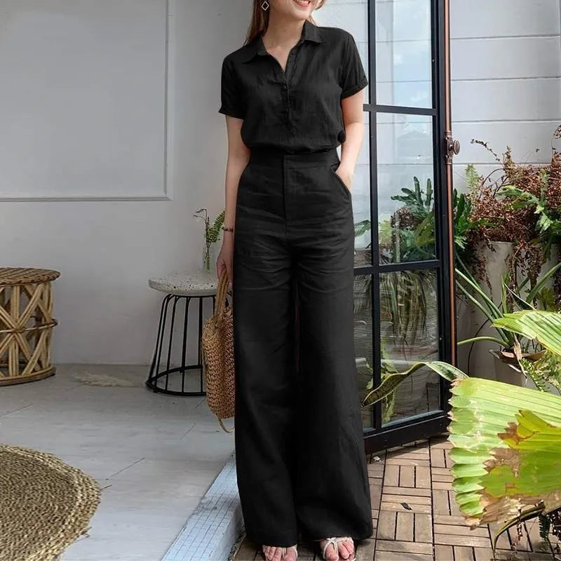 Charlotte™ - Stylish Short Sleeve Shirt and Loose Wide Leg Pants Set