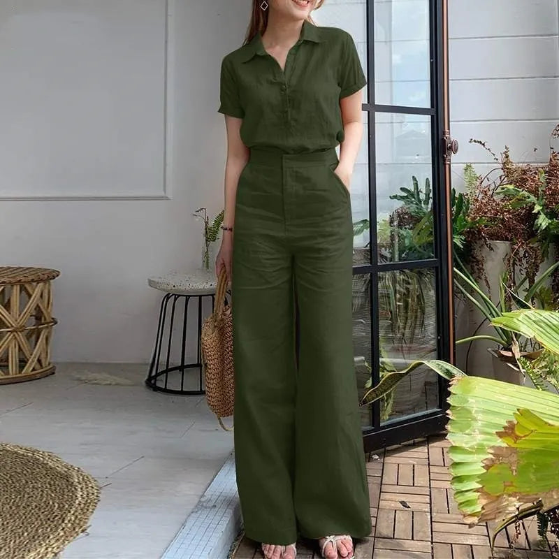Charlotte™ - Stylish Short Sleeve Shirt and Loose Wide Leg Pants Set