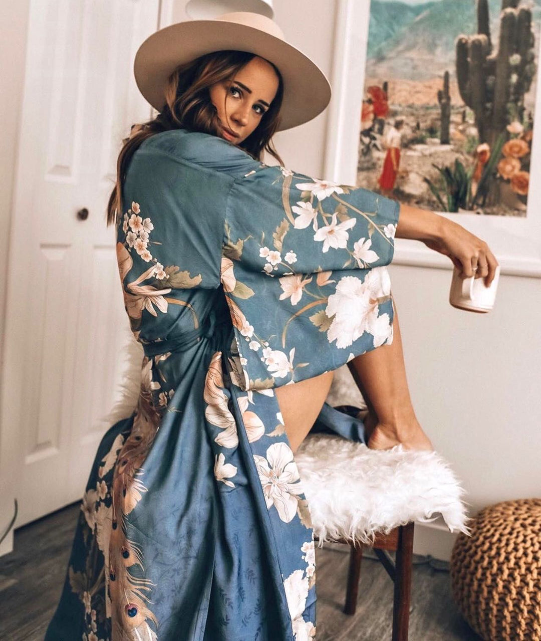 Long kimono robe with batwing sleeves