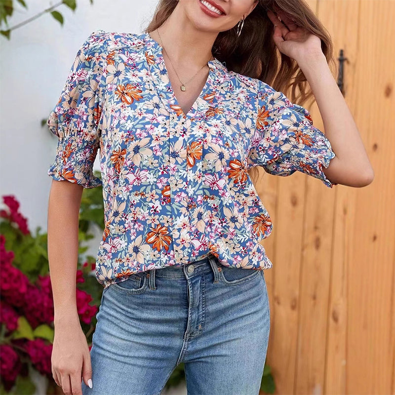 Chalia - Blouse with floral pattern and puff sleeves