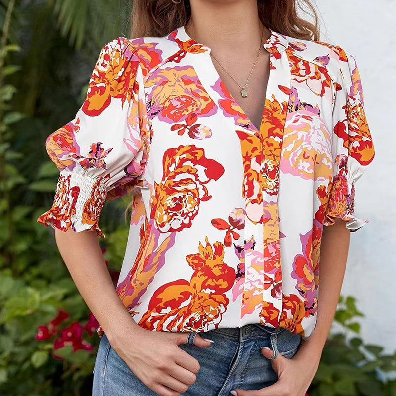 Chalia - Blouse with floral pattern and puff sleeves