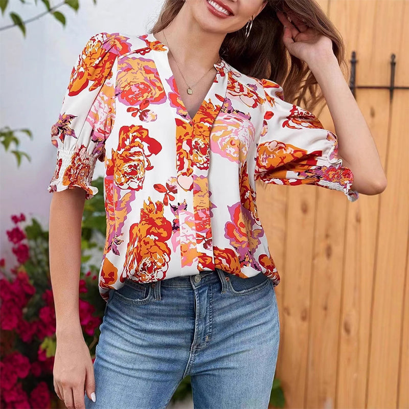 Chalia - Blouse with floral pattern and puff sleeves